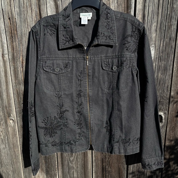 Coldwater Creek Jackets & Blazers - Coldwater Creek Charcoal Embroidered Jean Jacket 100% Cotton size XL